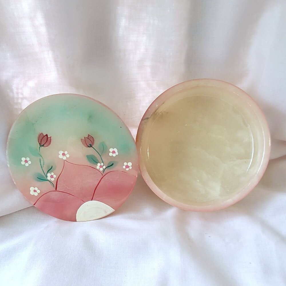 Genuine Italian Alabaster Tri-Color Trinket/Vanity Jar-Vintage